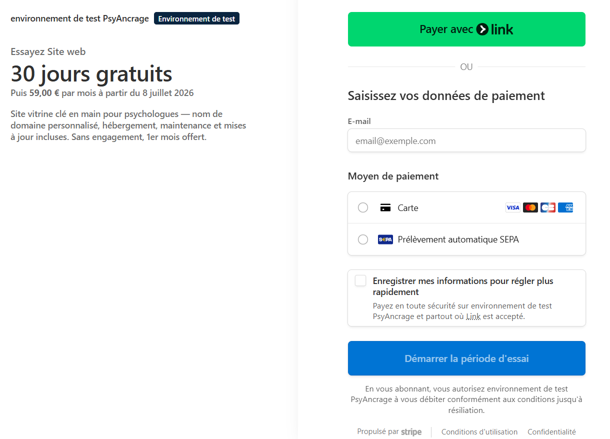 Page de paiement sécurisé Stripe
